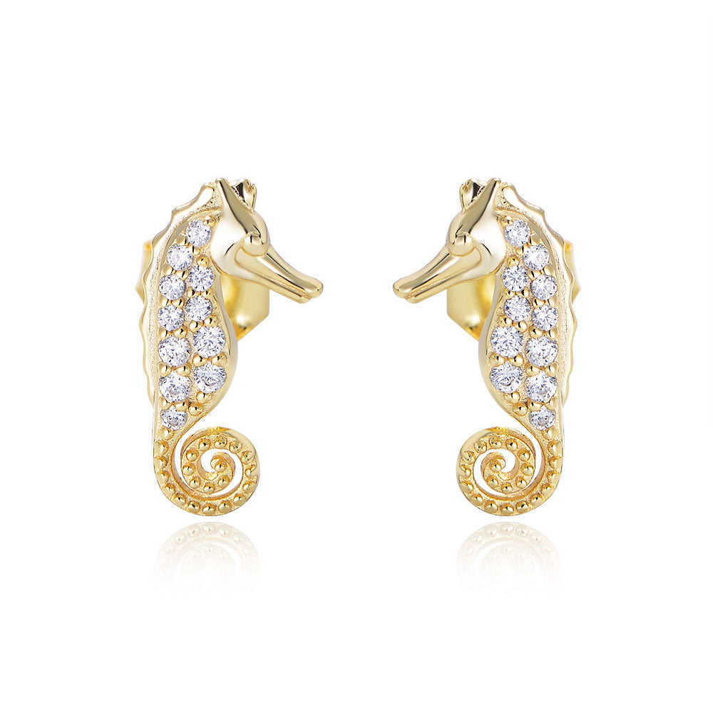 925 Sterling Silver CZ Pavé Seahorse Stud Earrings