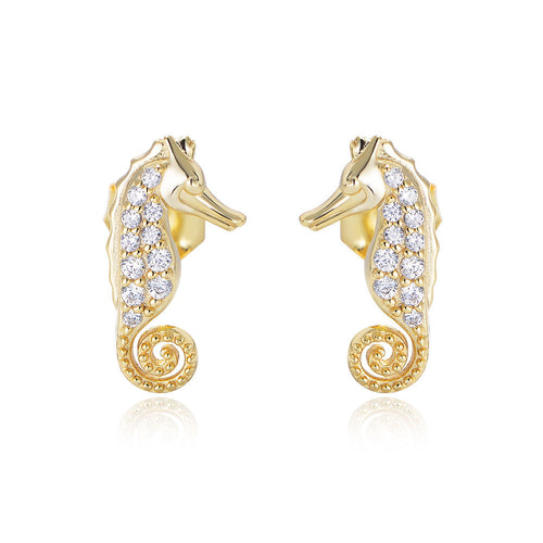 925 Sterling Silver CZ Pavé Seahorse Stud Earrings