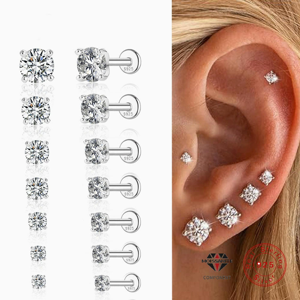 925 Sterling Silver Moissanite Screw-Back Cartilage Stud Earrings