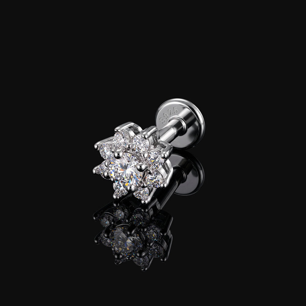 Sterling Silver Moissanite Screw-Back Cartilage Stud Earrings - Snowflake