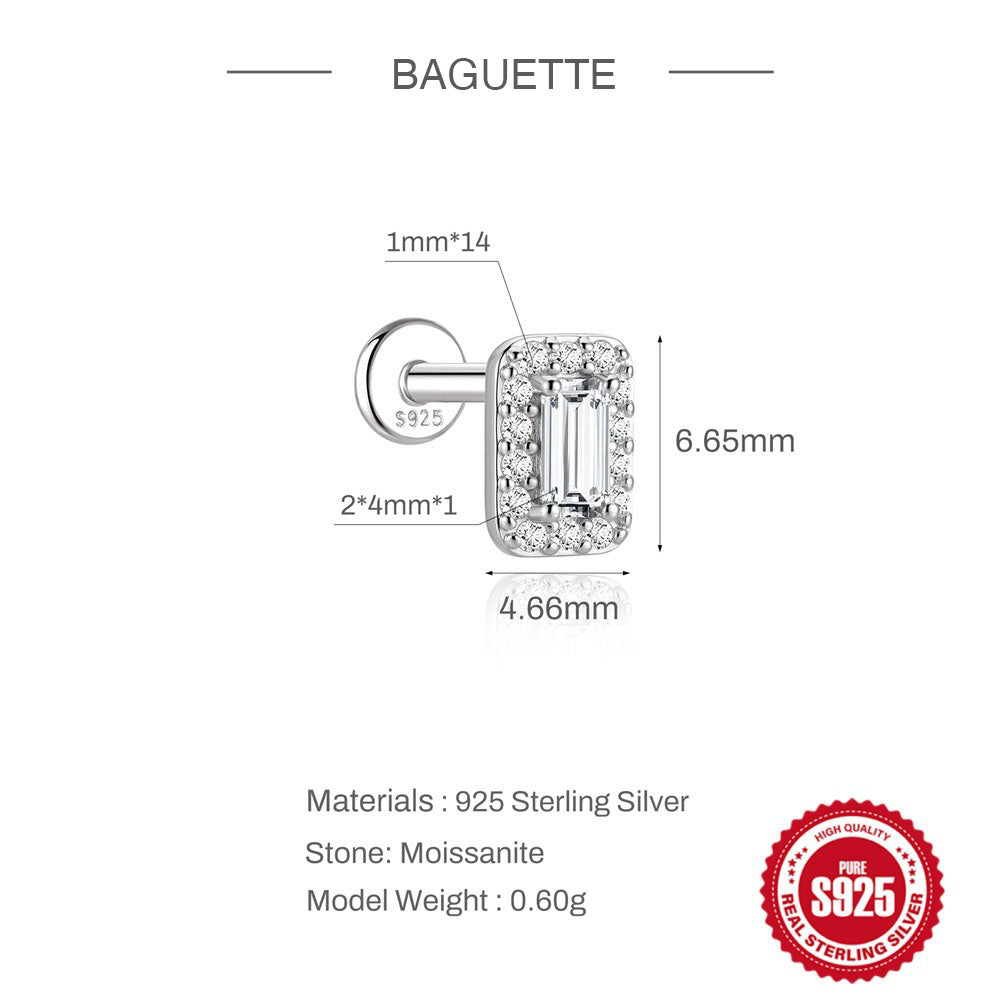 Sterling Silver Moissanite Screw-Back Cartilage Stud Earrings - Baguette
