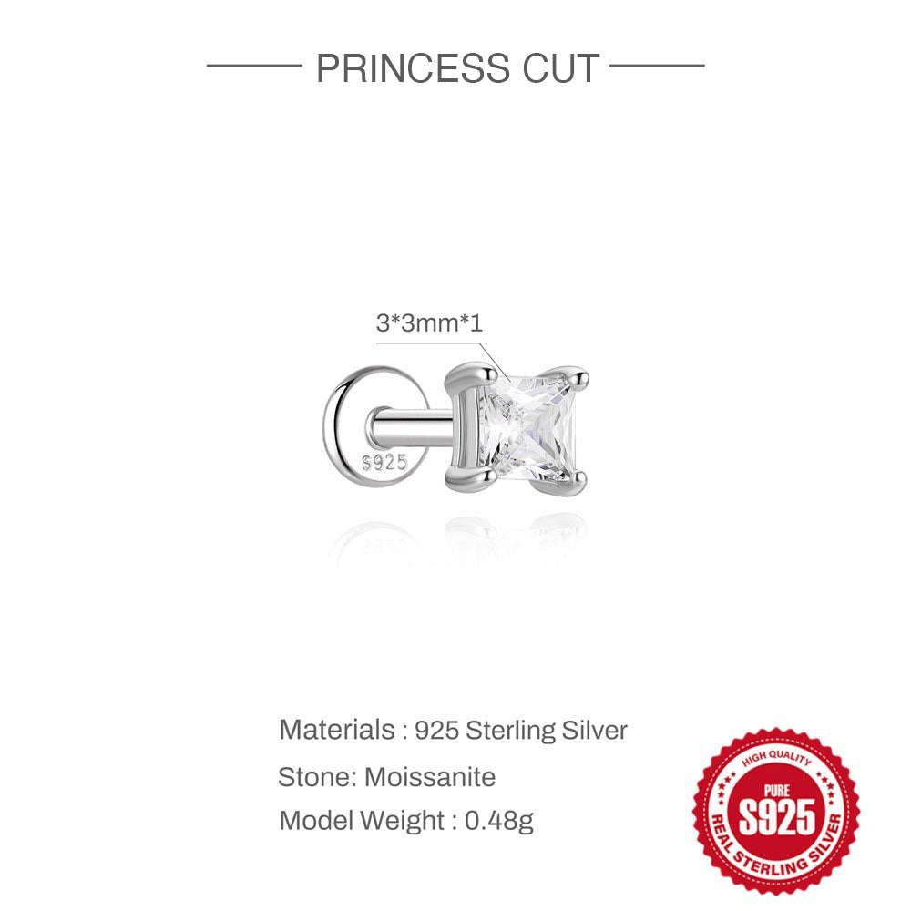 Sterling Silver Moissanite Screw-Back Cartilage Stud Earrings - Princess Cut