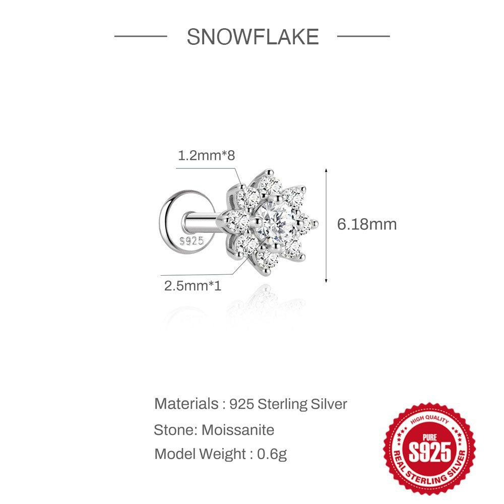 Sterling Silver Moissanite Screw-Back Cartilage Stud Earrings - Snowflake