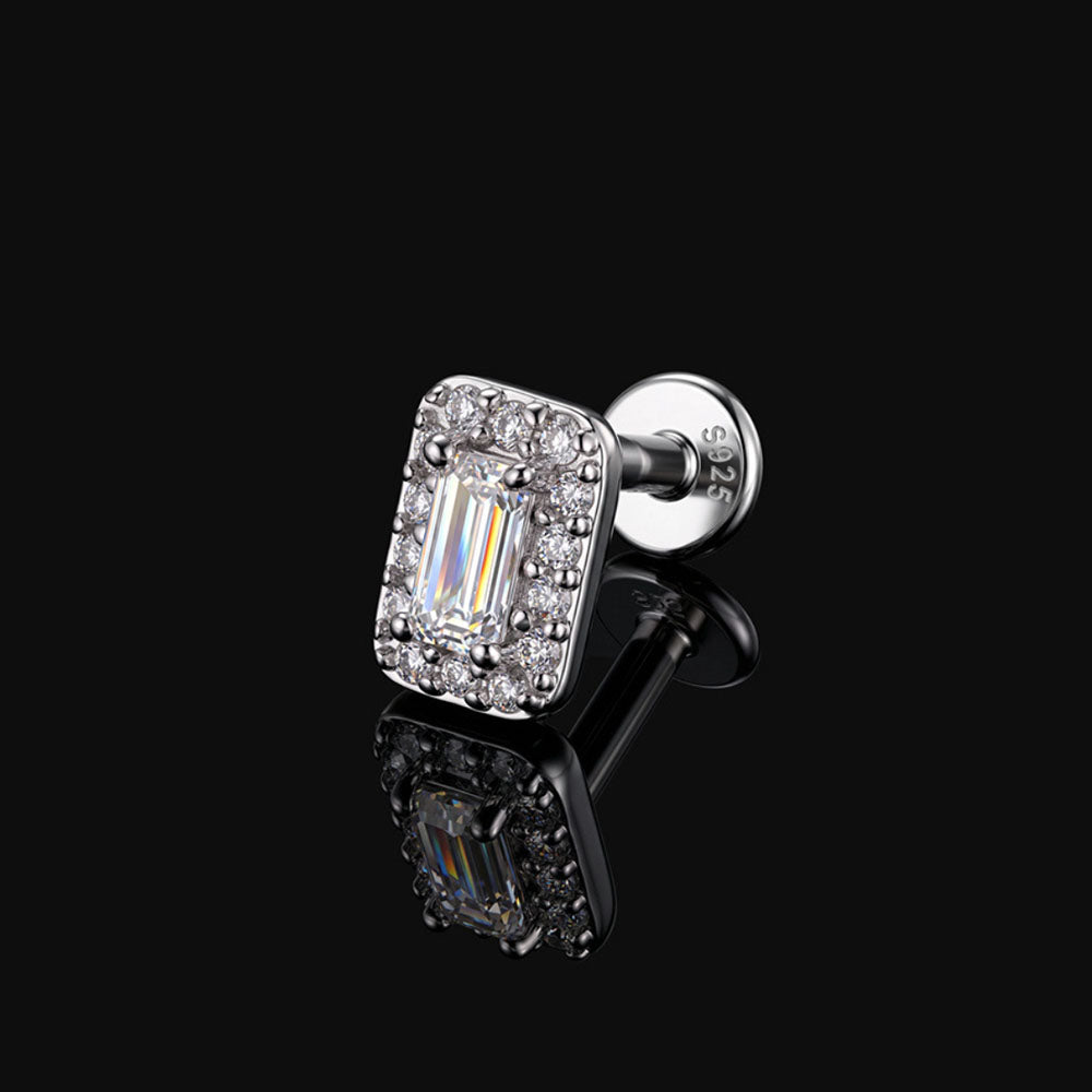 Sterling Silver Moissanite Screw-Back Cartilage Stud Earrings - Baguette