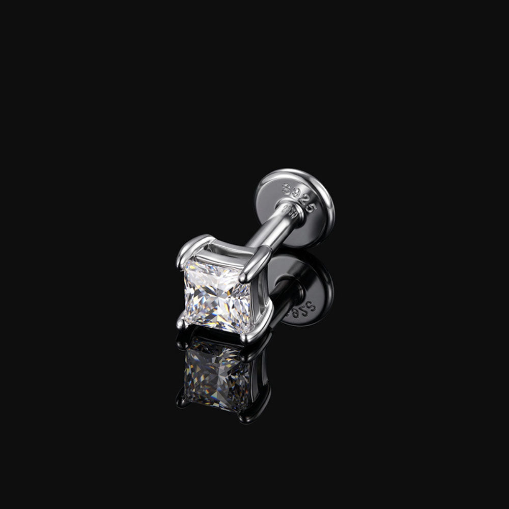 Sterling Silver Moissanite Screw-Back Cartilage Stud Earrings - Princess Cut