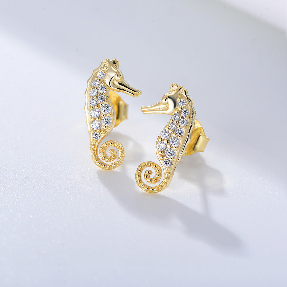 925 Sterling Silver CZ Pavé Seahorse Stud Earrings
