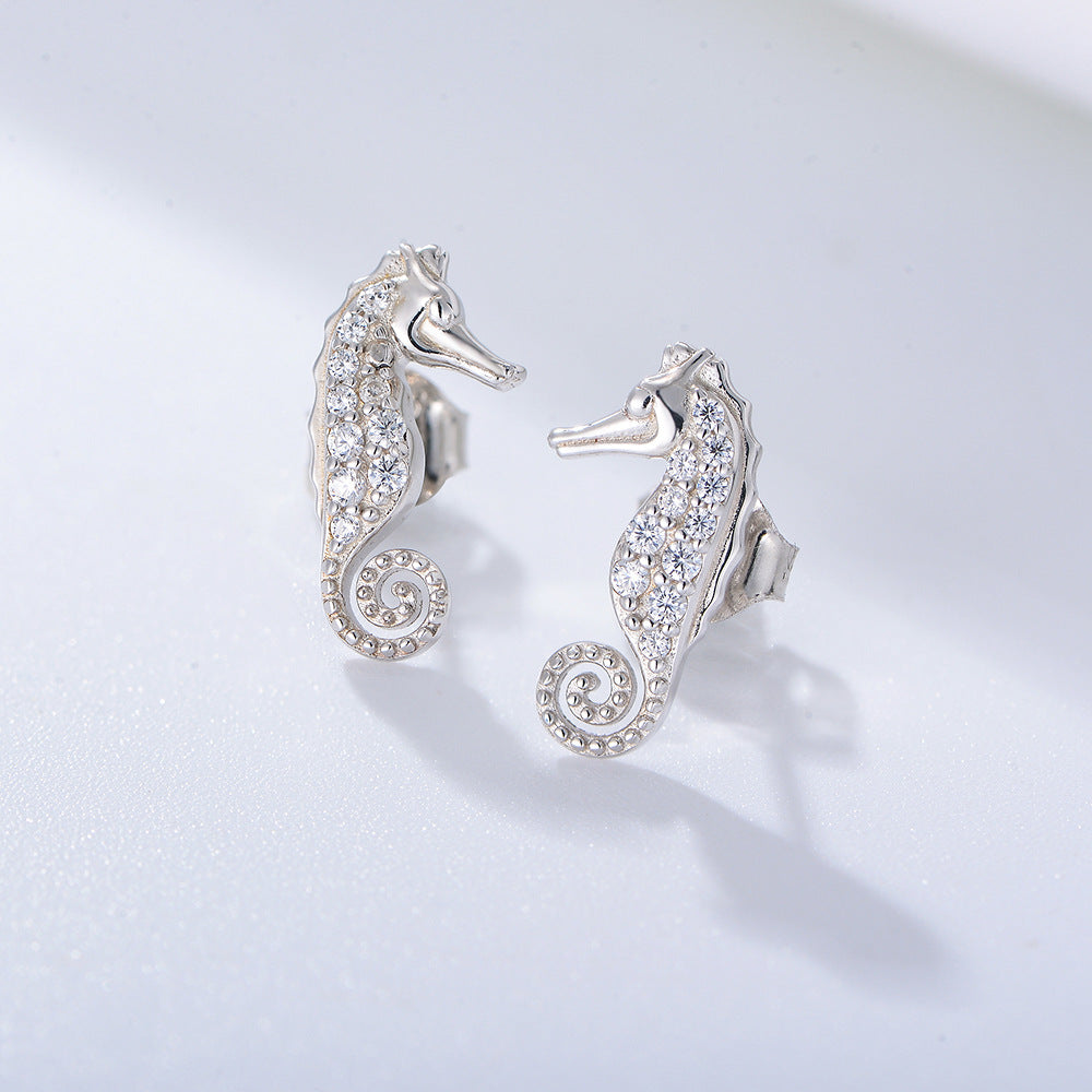 925 Sterling Silver CZ Pavé Seahorse Stud Earrings