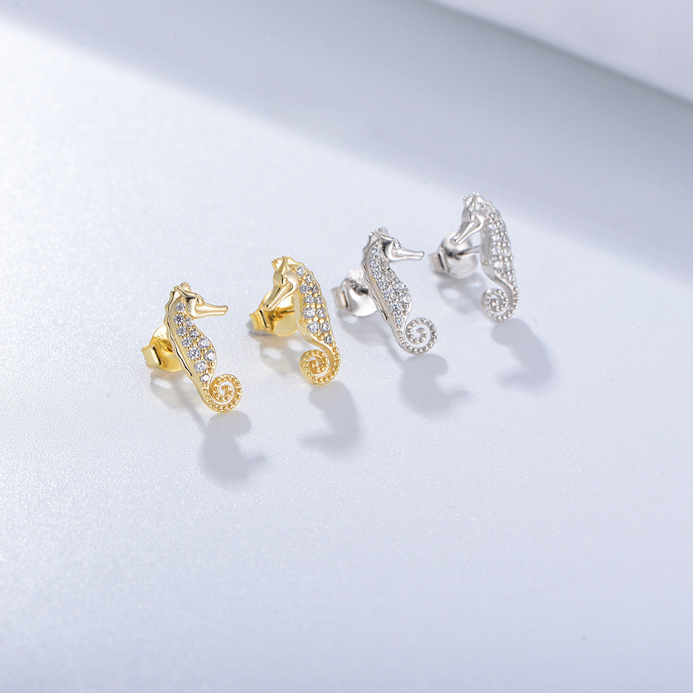 925 Sterling Silver CZ Pavé Seahorse Stud Earrings