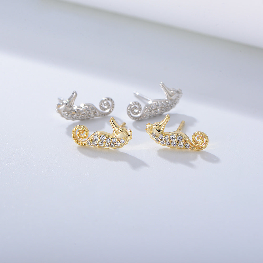 925 Sterling Silver CZ Pavé Seahorse Stud Earrings