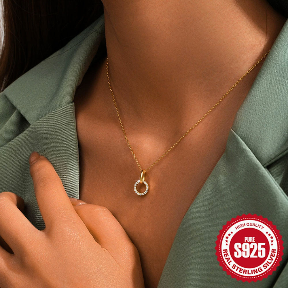 925 Sterling Silver Gold CZ Halo Pendant Necklace