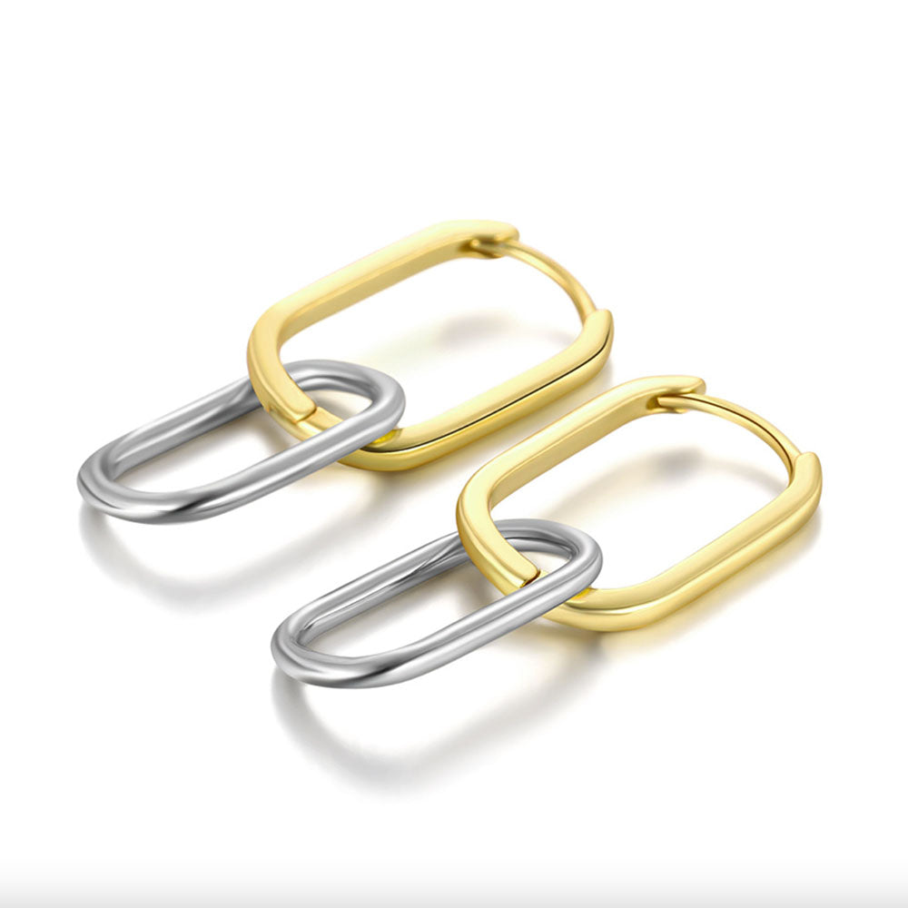 925 Sterling Silver Two-Tone Link Huggie Earrings