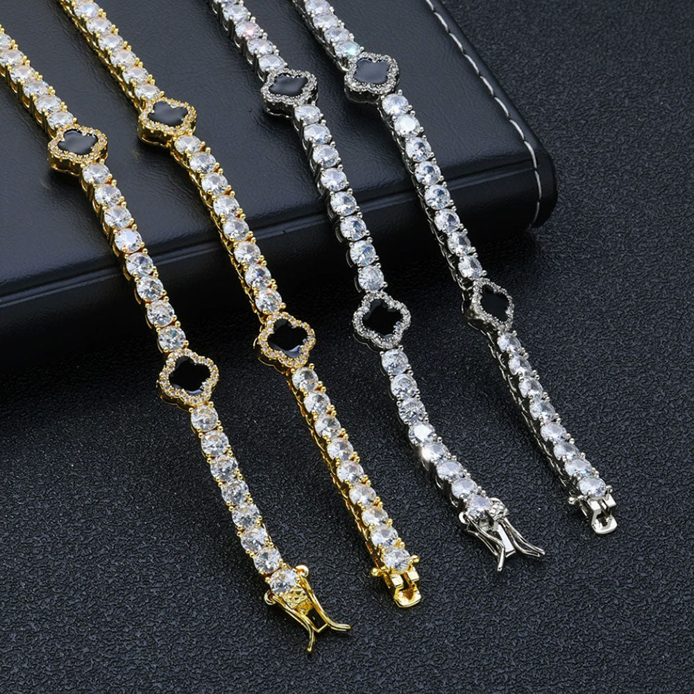 Black Enamel Clover Iced Tennis Bracelet for Men