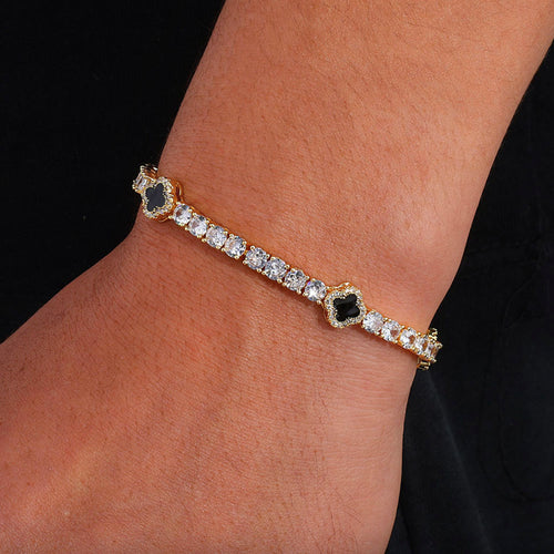 Black Enamel Clover Iced Tennis Bracelet for Men