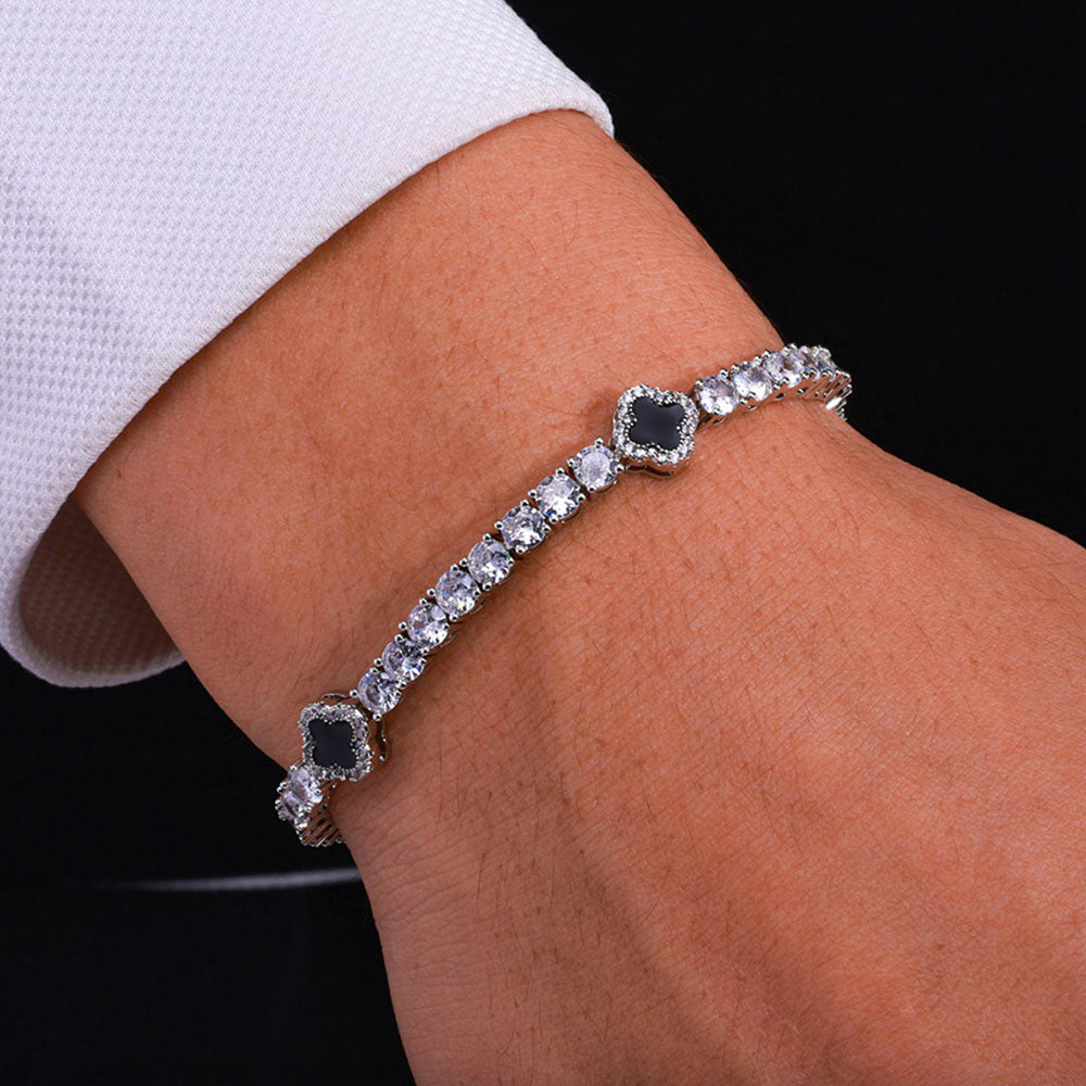 Black Enamel Clover Iced Tennis Bracelet for Men