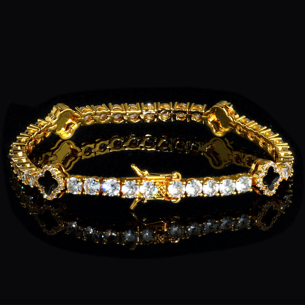 Black Enamel Clover Iced Tennis Bracelet for Men