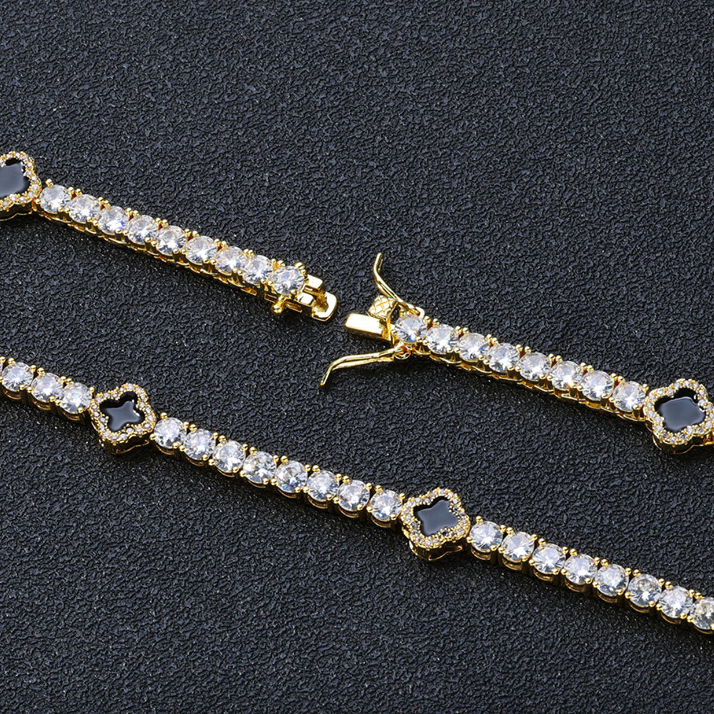 Black Enamel Clover Iced Tennis Bracelet for Men
