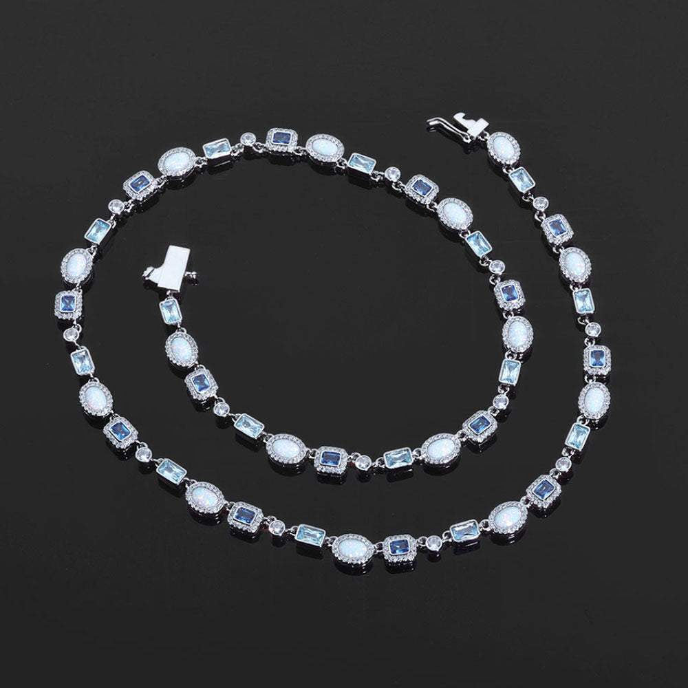 Blue Opal Halo Tennis Necklace for Men