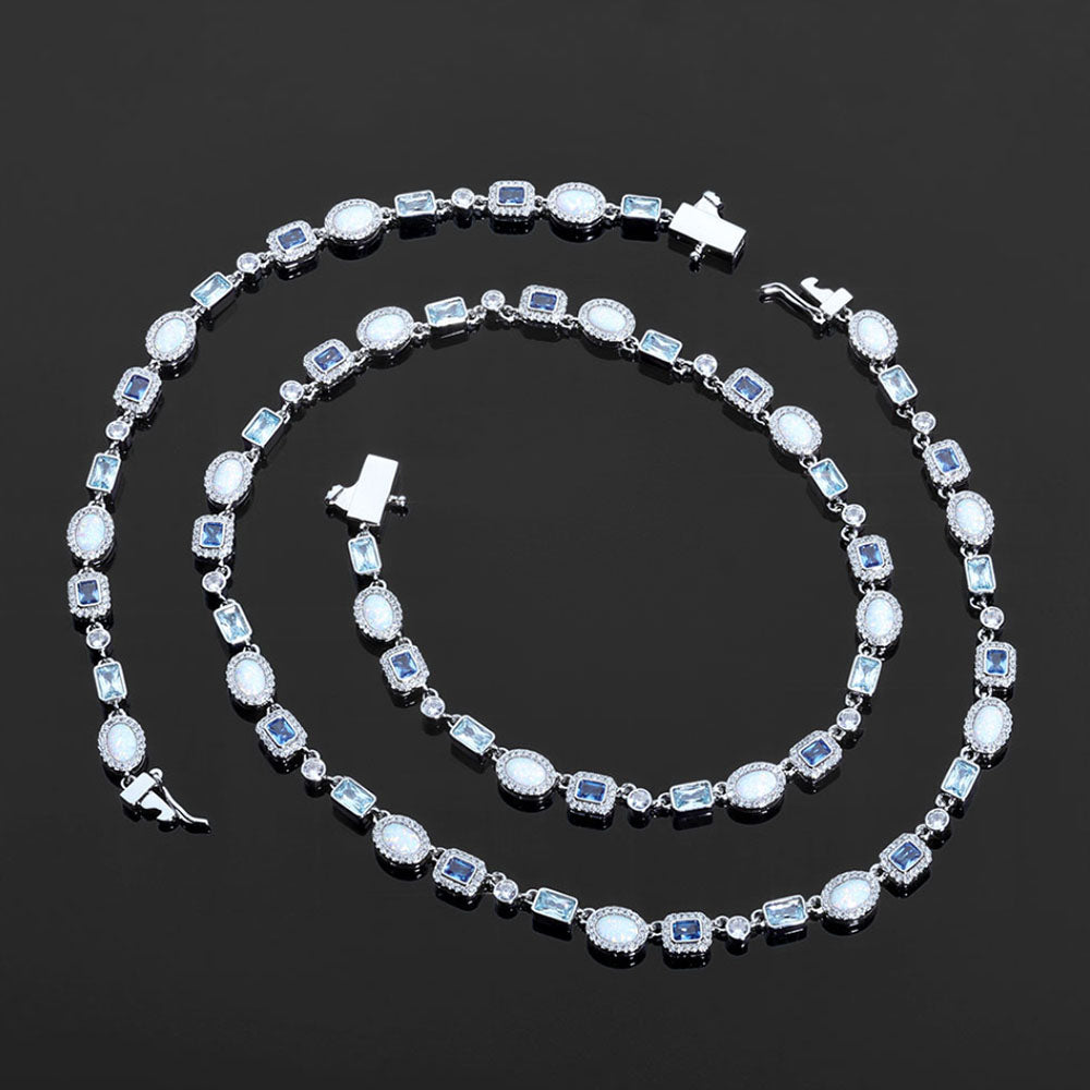Blue Opal Halo Tennis Necklace for Men