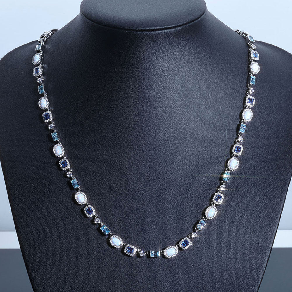 Blue Opal Halo Tennis Necklace for Men
