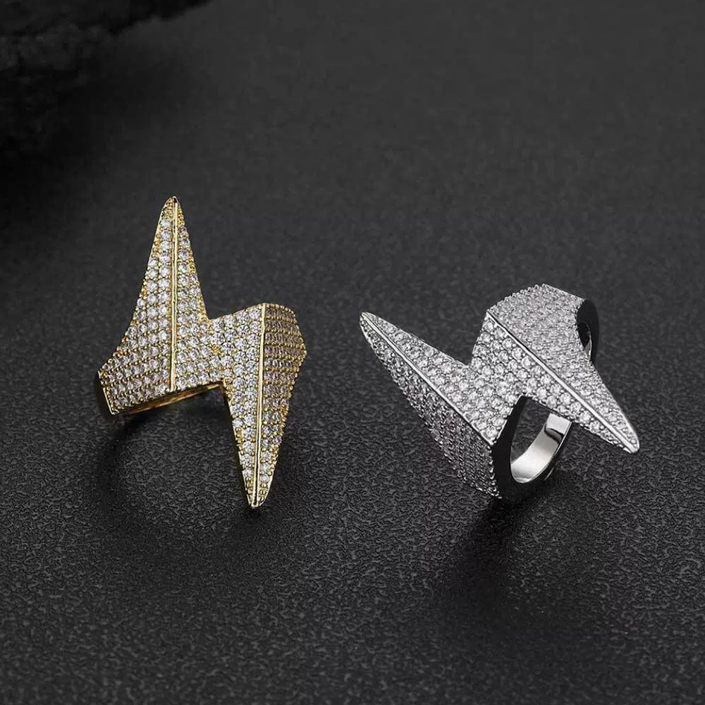 Men’s Iced Lightning Bolt Ring – CZ Pavé Hip Hop Statement Ring