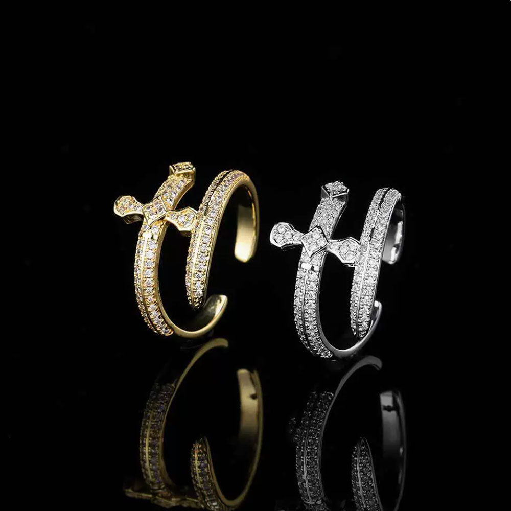 Men’s Iced Sword Open Ring – CZ Pavé Hip Hop Style