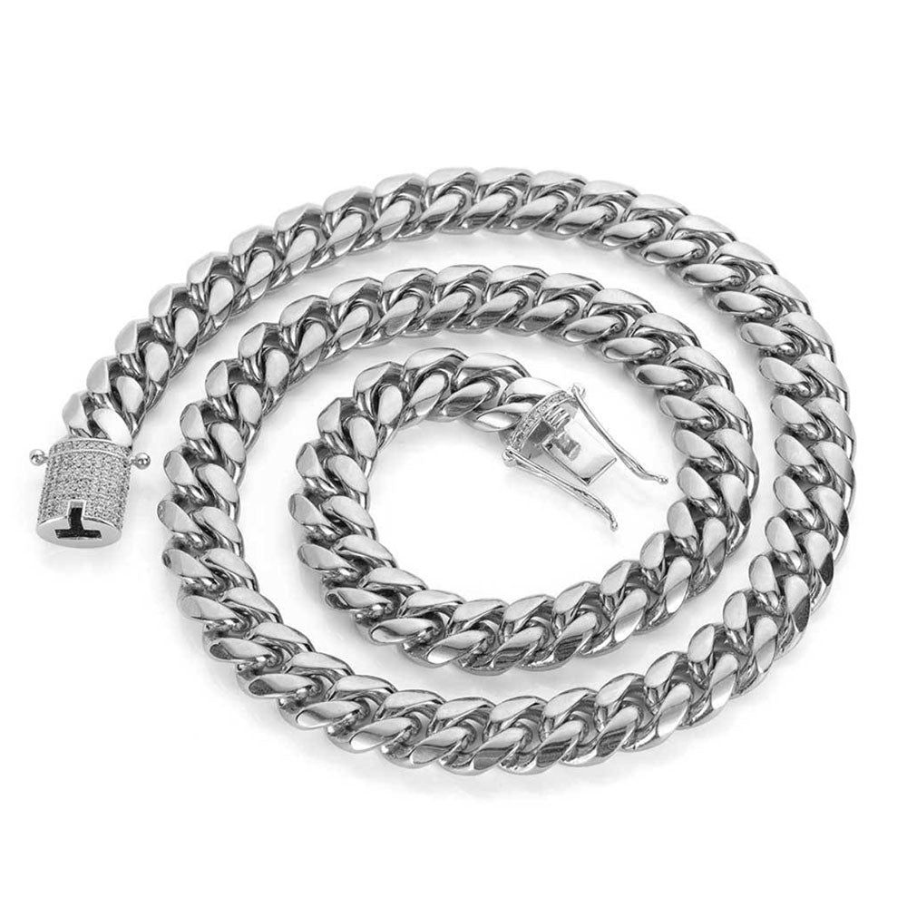 Men’s Stainless Steel Cuban Link Chain | CZ-Inlaid Clasp 6mm-18mm