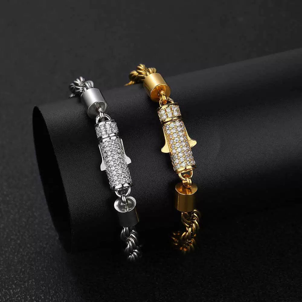 Men’s Stainless Steel Rope Chain Bracelet – Iced CZ Clasp