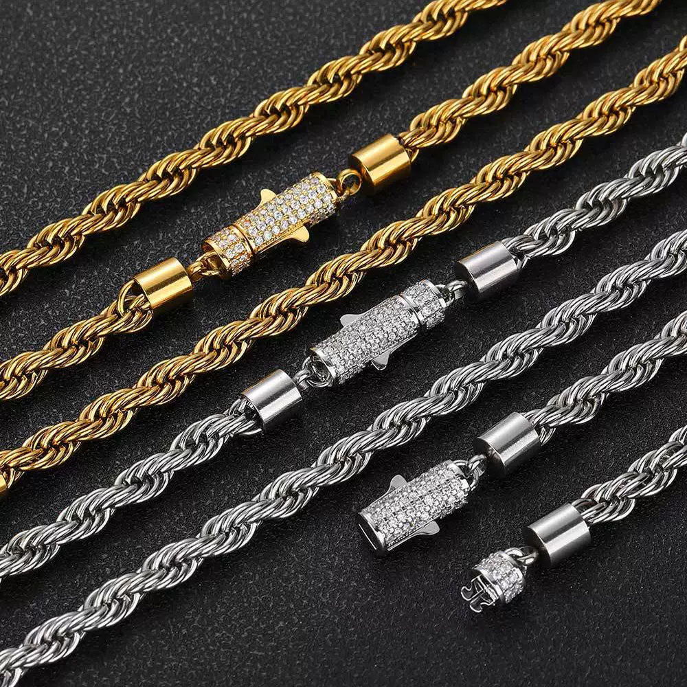 Men’s Stainless Steel Rope Chain Necklace – Iced CZ Clasp