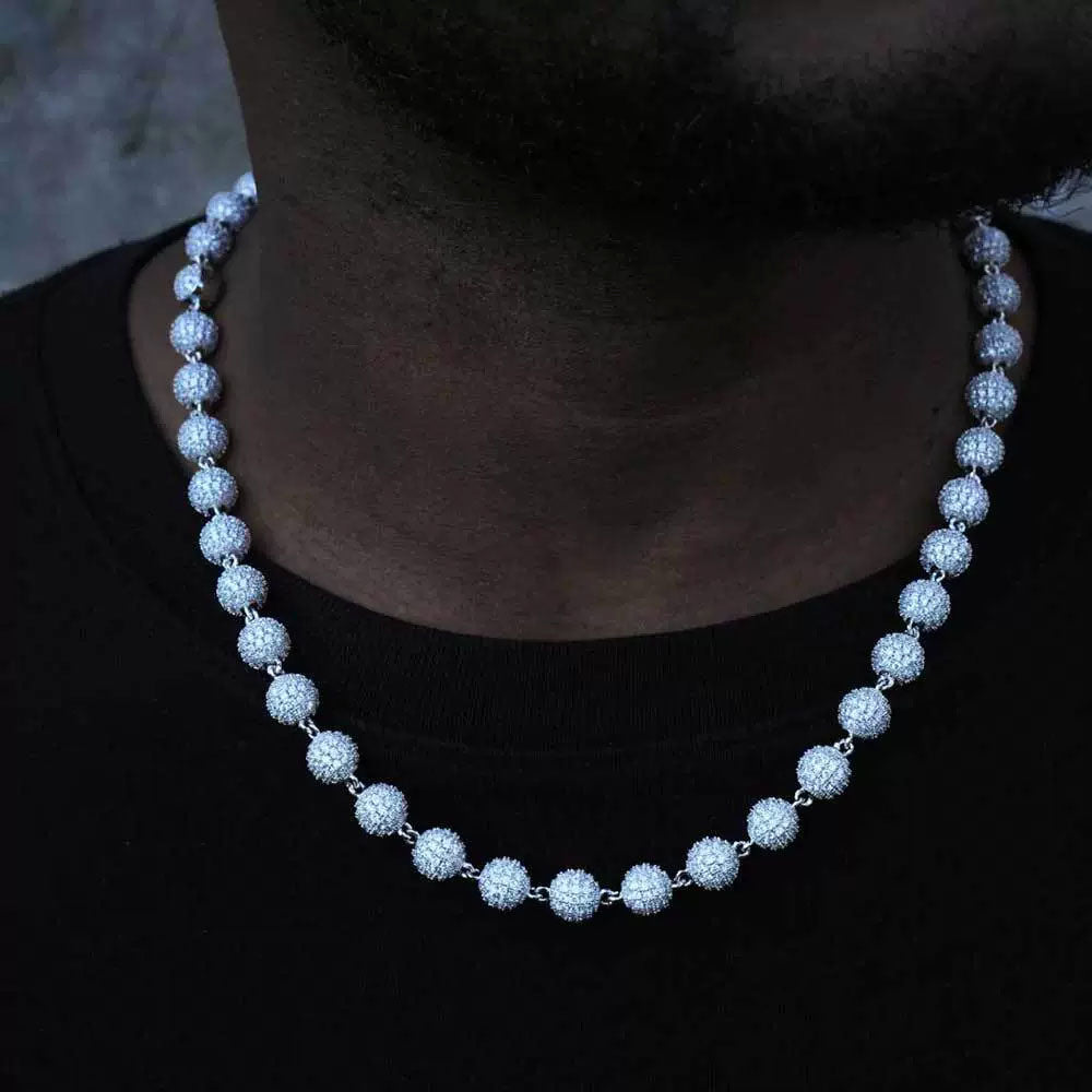 Men’s Iced Bead Chain Necklace – CZ Pavé Ball Link Hip Hop Chain