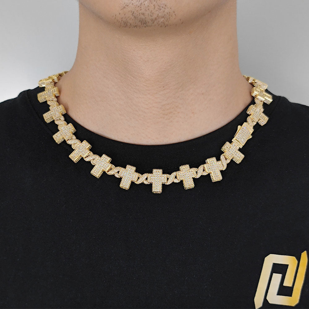 Men’s Iced Cross Link Chain Necklace – CZ Pavé Hip Hop Chain