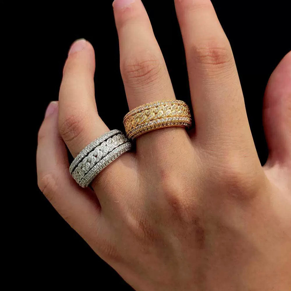 Men’s Iced Cuban Link Spinner Ring – CZ Pavé Statement Band