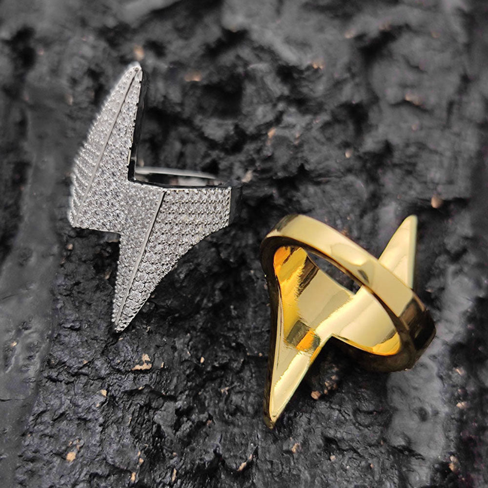 Men’s Iced Lightning Bolt Ring – CZ Pavé Hip Hop Statement Ring