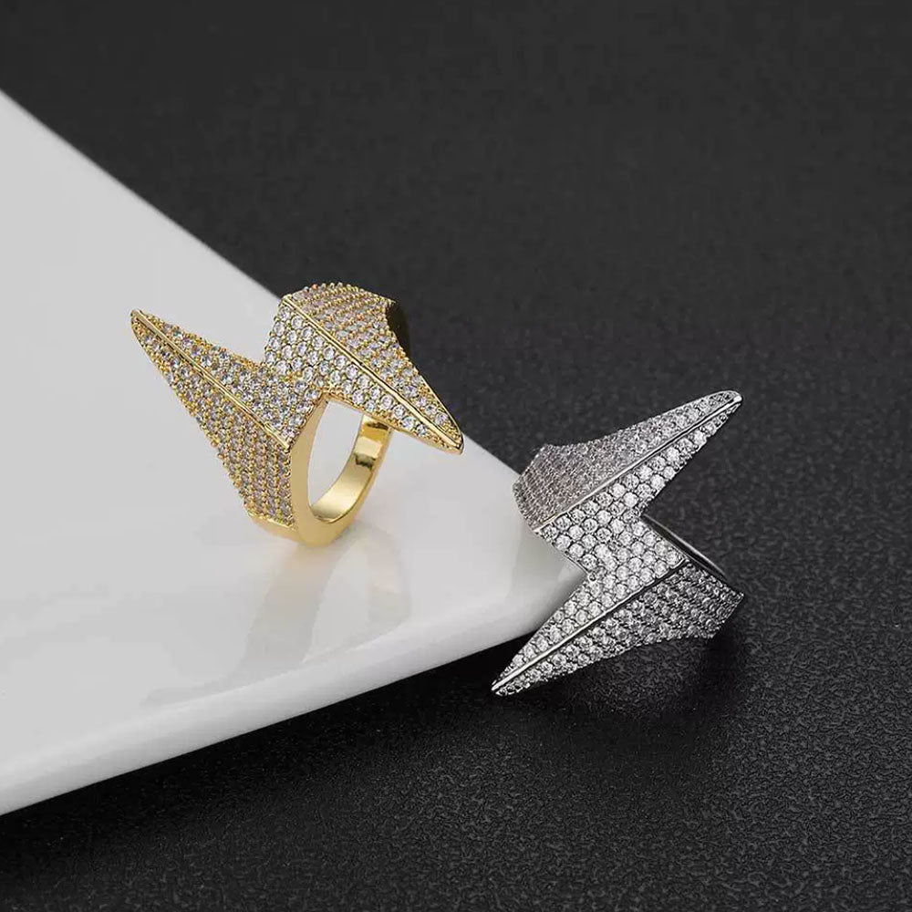 Men’s Iced Lightning Bolt Ring – CZ Pavé Hip Hop Statement Ring
