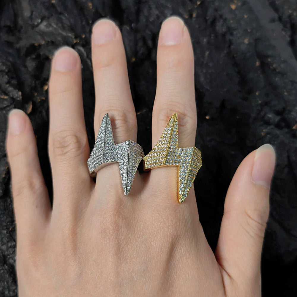 Men’s Iced Lightning Bolt Ring – CZ Pavé Hip Hop Statement Ring