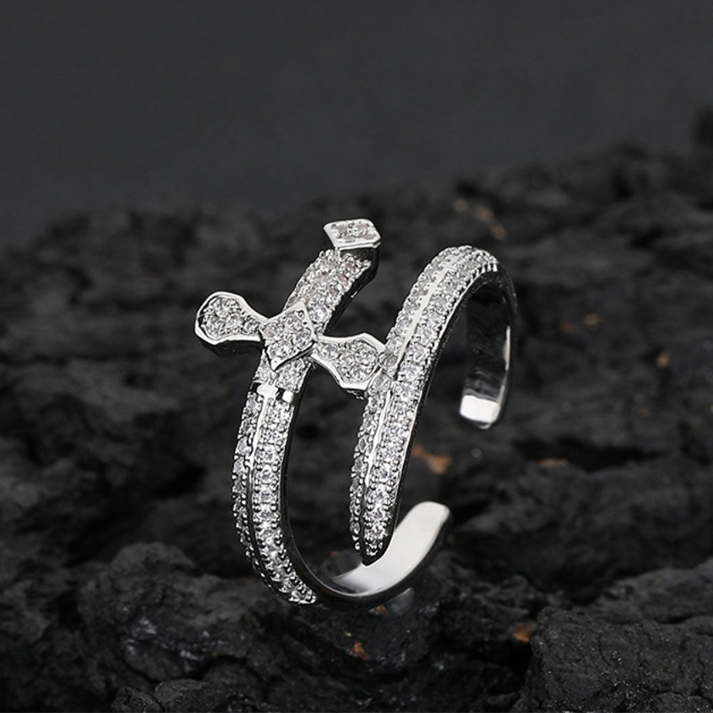 Men’s Iced Sword Open Ring – CZ Pavé Hip Hop Style