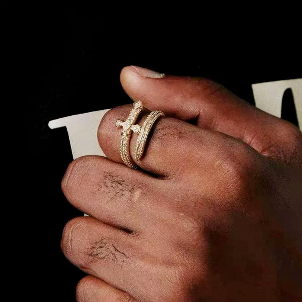 Men’s Iced Sword Open Ring – CZ Pavé Hip Hop Style