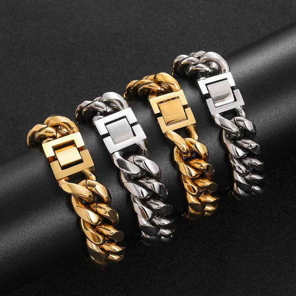Men’s Stainless Steel Cuban Link Bracelet - Fold Over Clasp 8mm-18mm