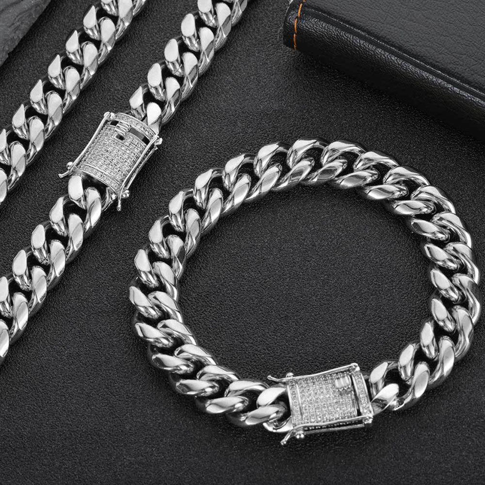 Men’s Stainless Steel Cuban Link Bracelet | CZ-Inlaid Clasp 6mm-18mm