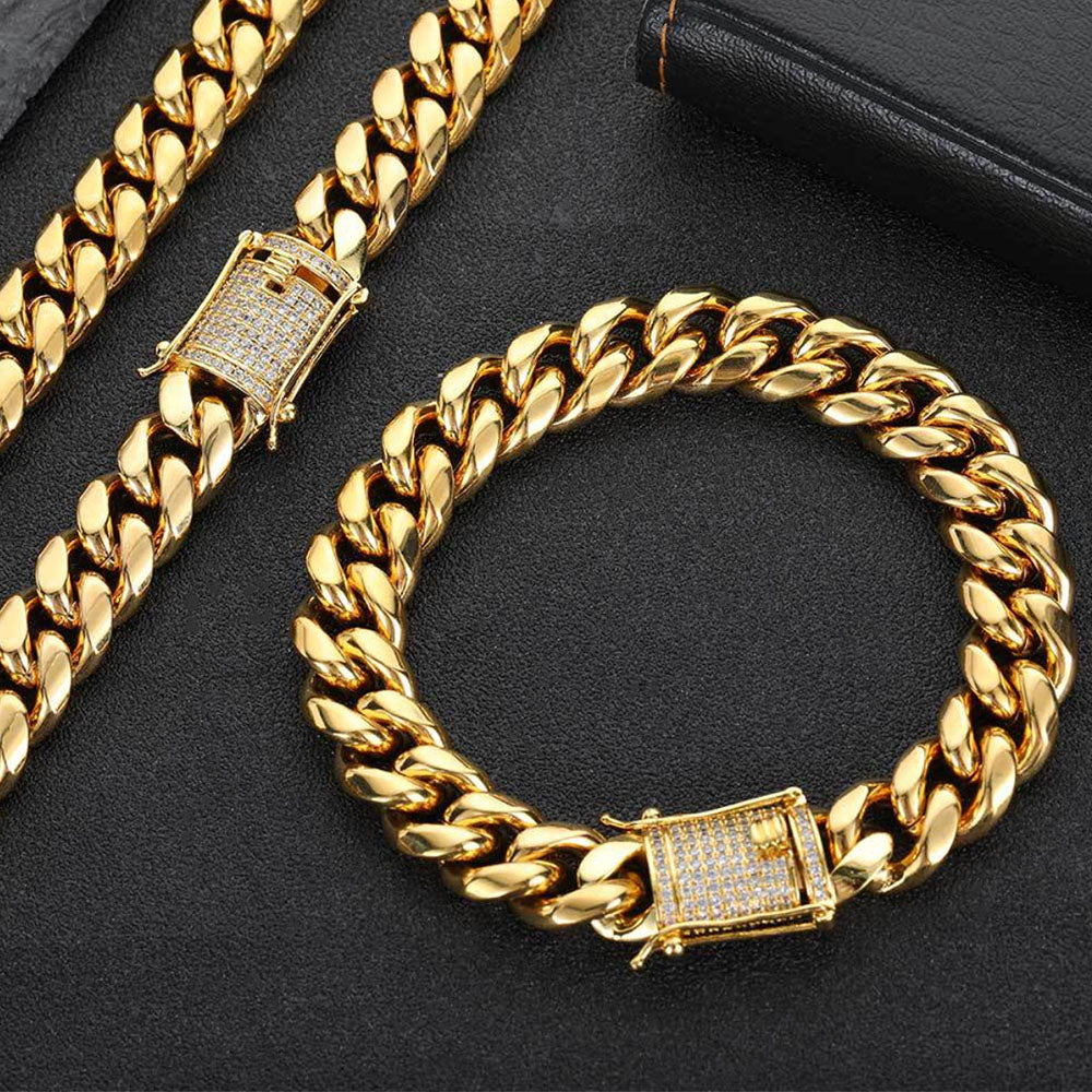 Men’s Stainless Steel Cuban Link Bracelet | CZ-Inlaid Clasp 6mm-18mm