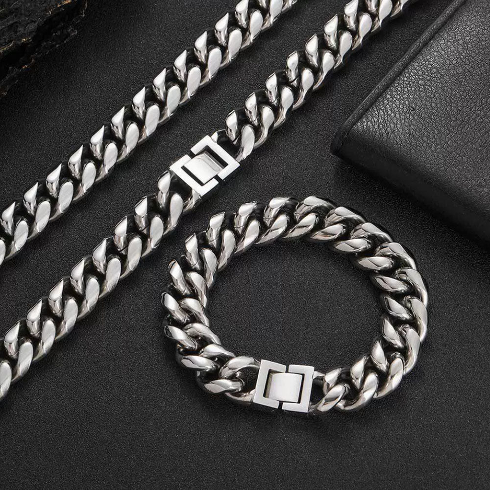 Men’s Stainless Steel Cuban Link Bracelet - Fold Over Clasp 8mm-18mm