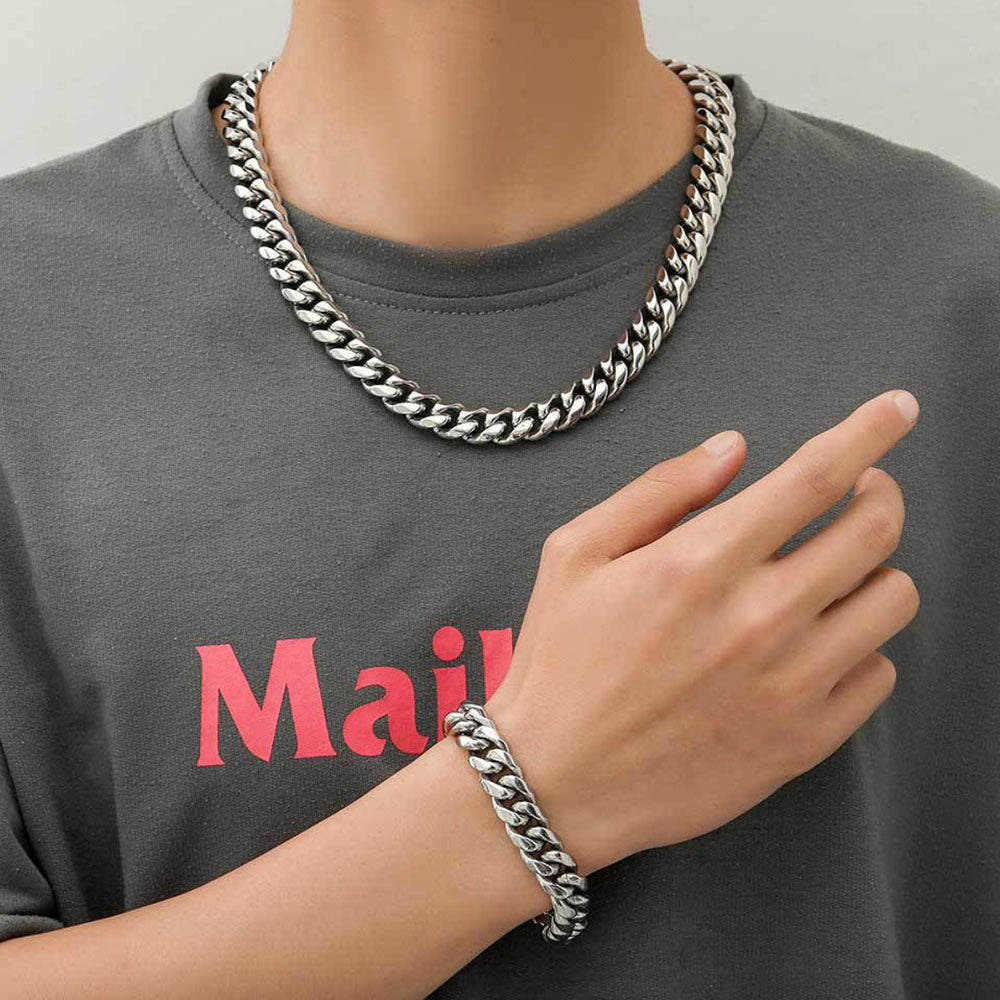 Men’s Stainless Steel Cuban Link Bracelet - Fold Over Clasp 8mm-18mm
