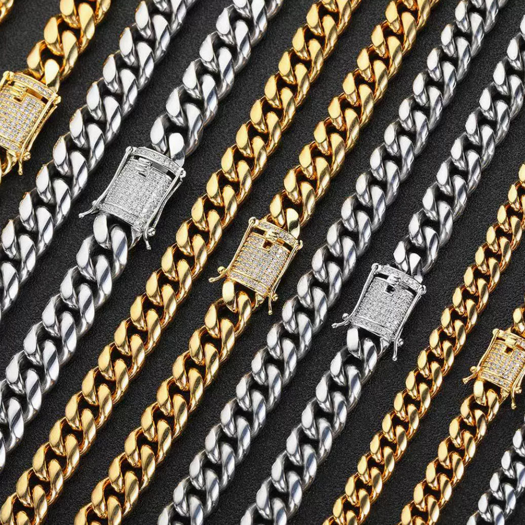 Men’s Stainless Steel Cuban Link Chain | CZ-Inlaid Clasp 6mm-18mm
