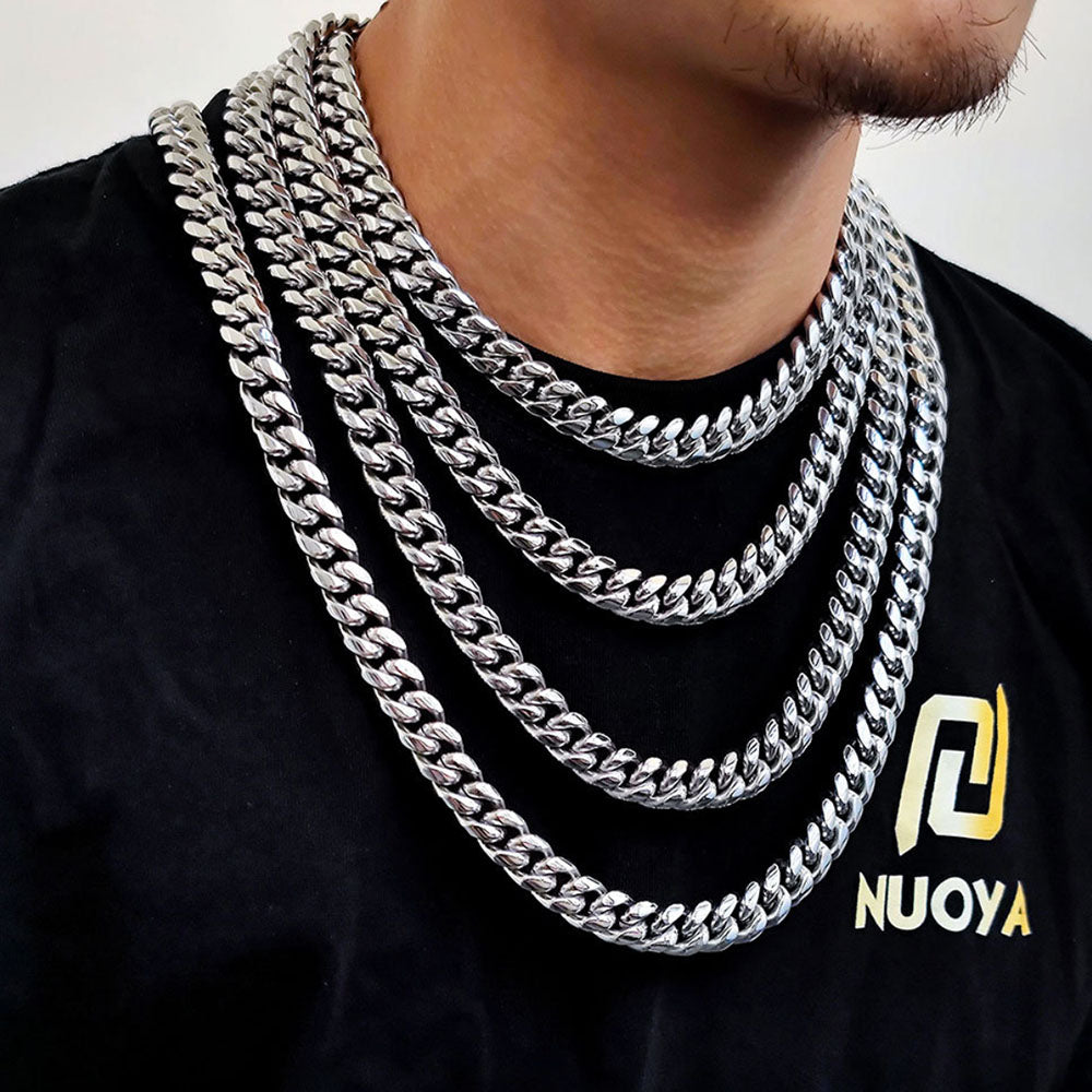 Men’s Stainless Steel Cuban Link Chain | CZ-Inlaid Clasp 6mm-18mm
