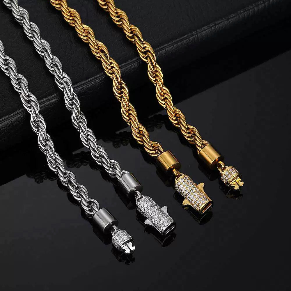 Men’s Stainless Steel Rope Chain Bracelet – Iced CZ Clasp