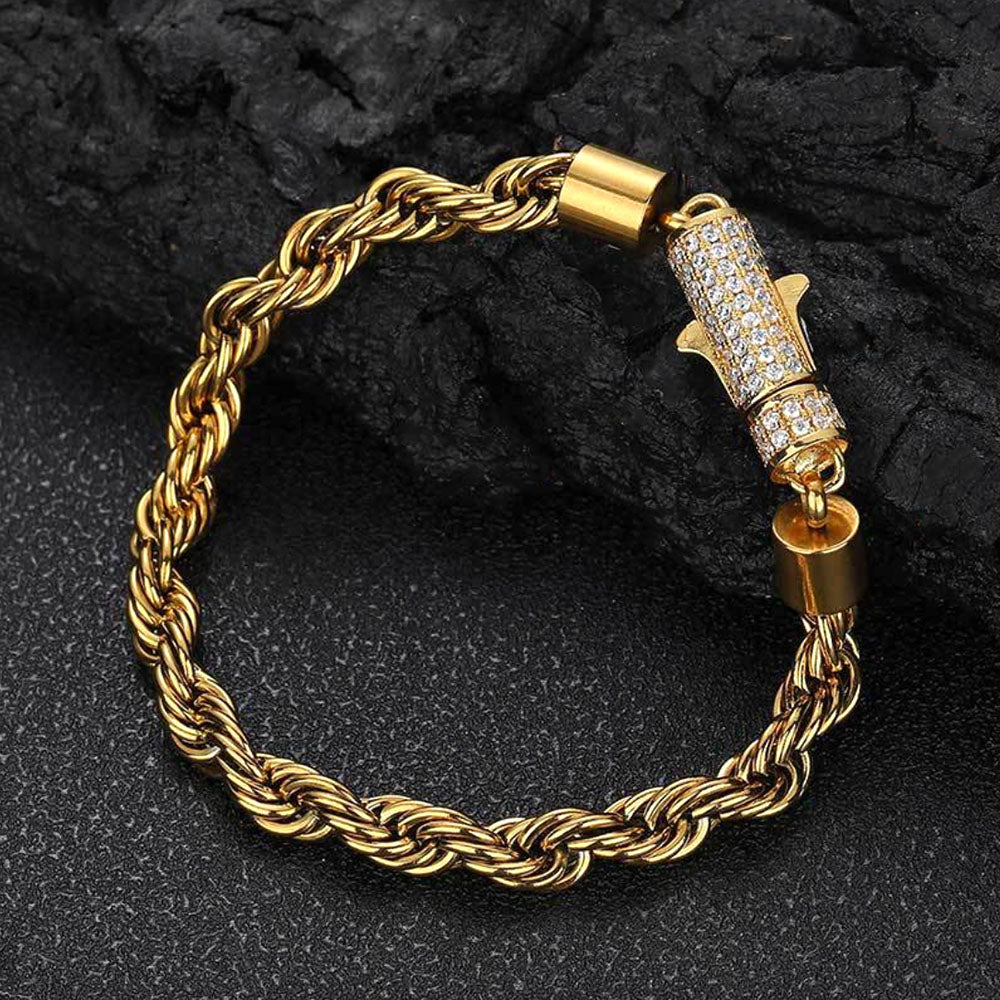 Men’s Stainless Steel Rope Chain Bracelet – Iced CZ Clasp