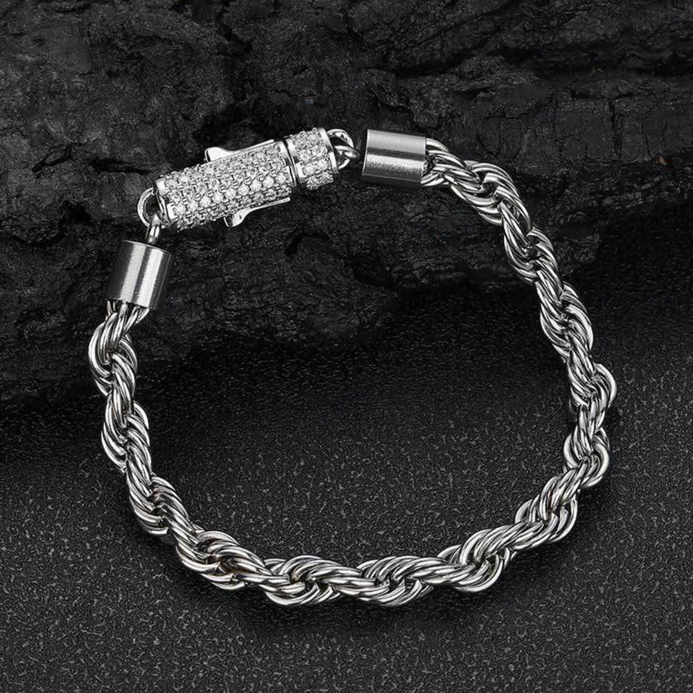Men’s Stainless Steel Rope Chain Bracelet – Iced CZ Clasp