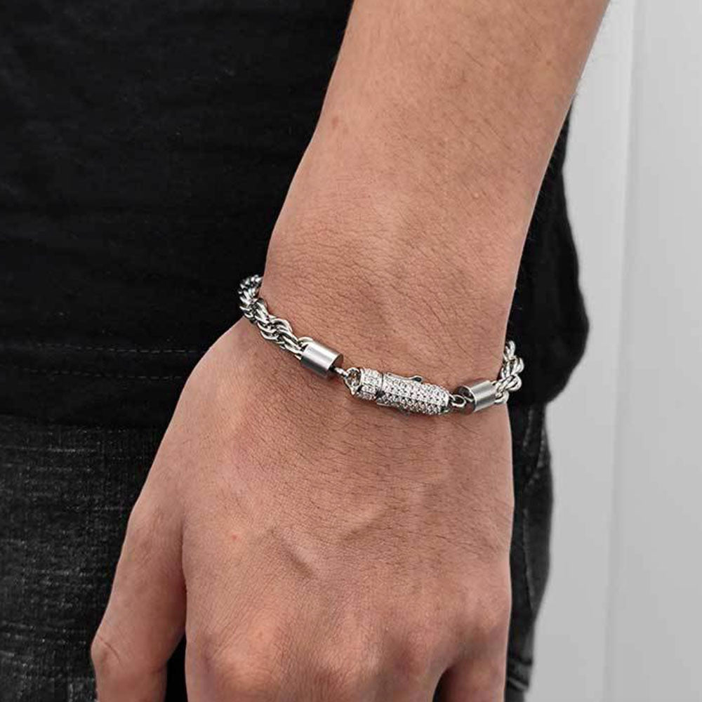 Men’s Stainless Steel Rope Chain Bracelet – Iced CZ Clasp