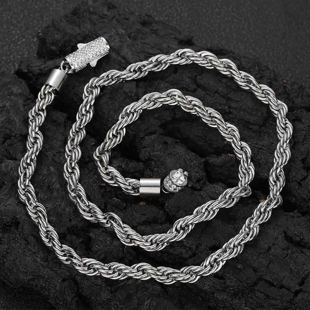 Men’s Stainless Steel Rope Chain Necklace – Iced CZ Clasp