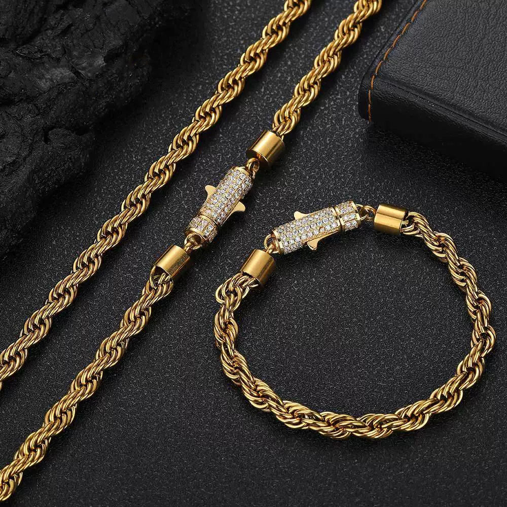 Men’s Stainless Steel Rope Chain Necklace – Iced CZ Clasp