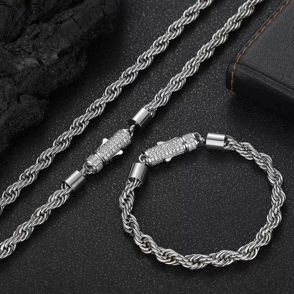 Men’s Stainless Steel Rope Chain Necklace – Iced CZ Clasp